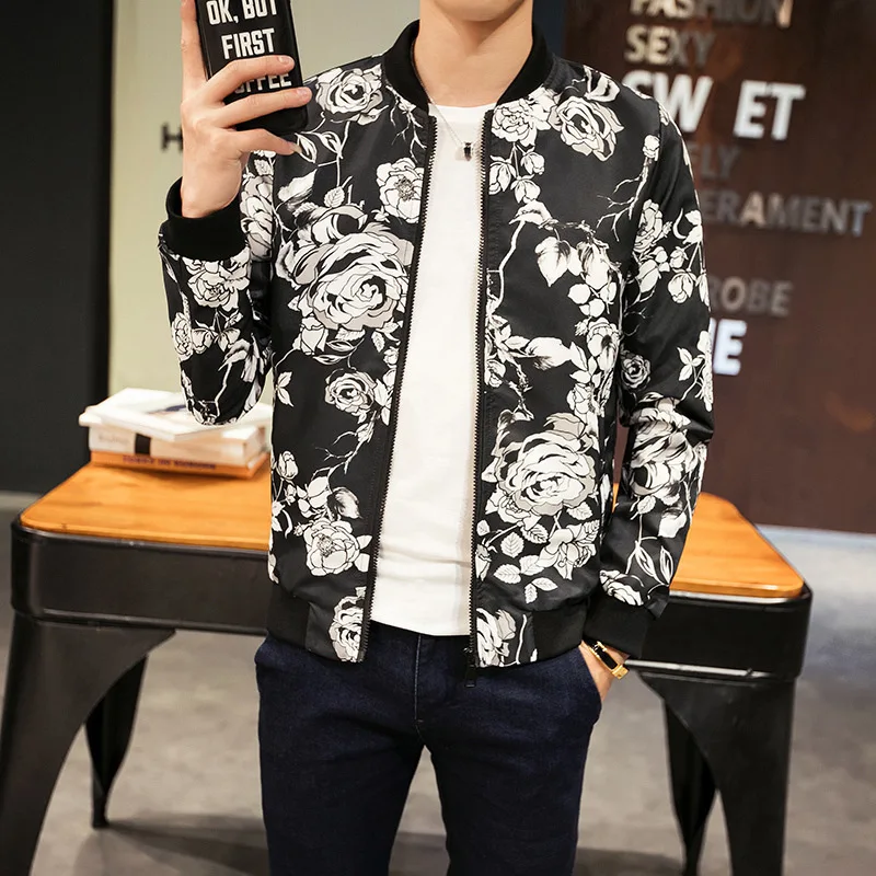 2019 Весна мужская бейсбольная куртка Slim Fit повседневное уличная мода цветочный принт курточка бомбер для мужчин s вечерние ночного клуба