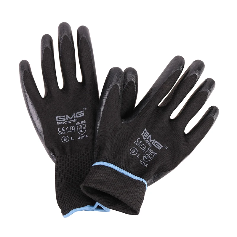 Черные перчатки GMG черные, красные, белые, Полиэстеровые, черные, серые, нитриловые, гладкие, с покрытием, безопасные рабочие перчатки, механические, ручные перчатки для работы