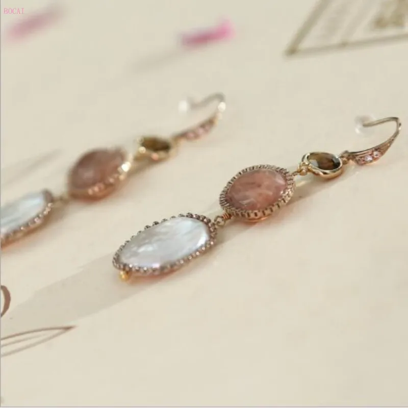 

silver silver s925 silver Manual design Natural pearl Semi-precious stones fashion Simple temperament Two beads Women's Earrings