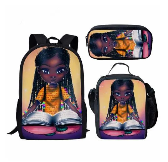 

Primary School Backpack Set Black African Girls Pattern Kids School Bags Afro Arts Design Students 3PC/Set Book Bags