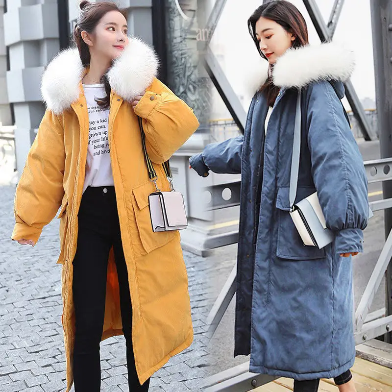 Повседневная Толстая Корейская куртка размера плюс, осенняя зимняя женская куртка, парка с капюшоном и воротником, тонкое длинное оранжевое пальто Casaco