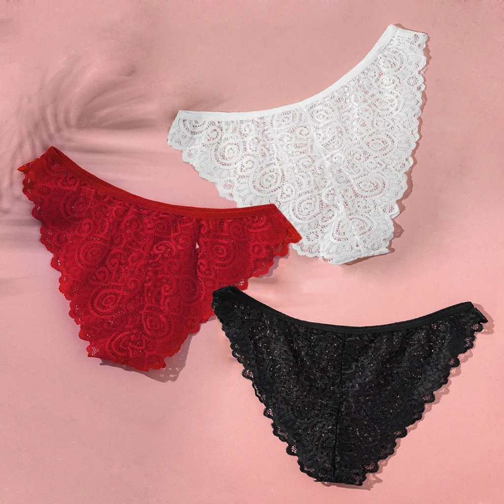 

Plus Size 3PC Sexy Women Lace Lingerie Plus Size Underwear Briefs Underpants Thong M-3XL Underwear Middle -Rise Panties 2019