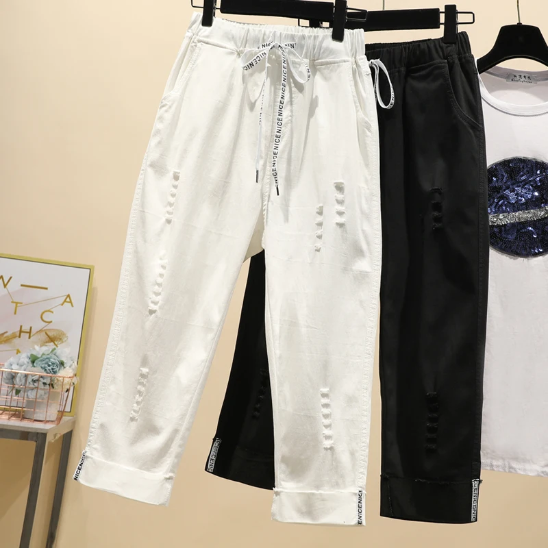 Ripped Pants Women Plus Size Drawstring Loose elastic Capris Calf-length female white black Straight Trousers Women Ripped Pants Women Plus Size Drawstring Loose elastic Capris Calf-length female white black Straight Trousers Women