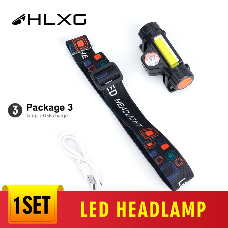 Hlxg mini XPE+ COB светодиодный налобный фонарь, зарядка через USB, рыболовные фары, прожектор, прожектор, портативный фонарик, автомобильные аксессуары, 1 комплект - Испускаемый цвет: Package 3