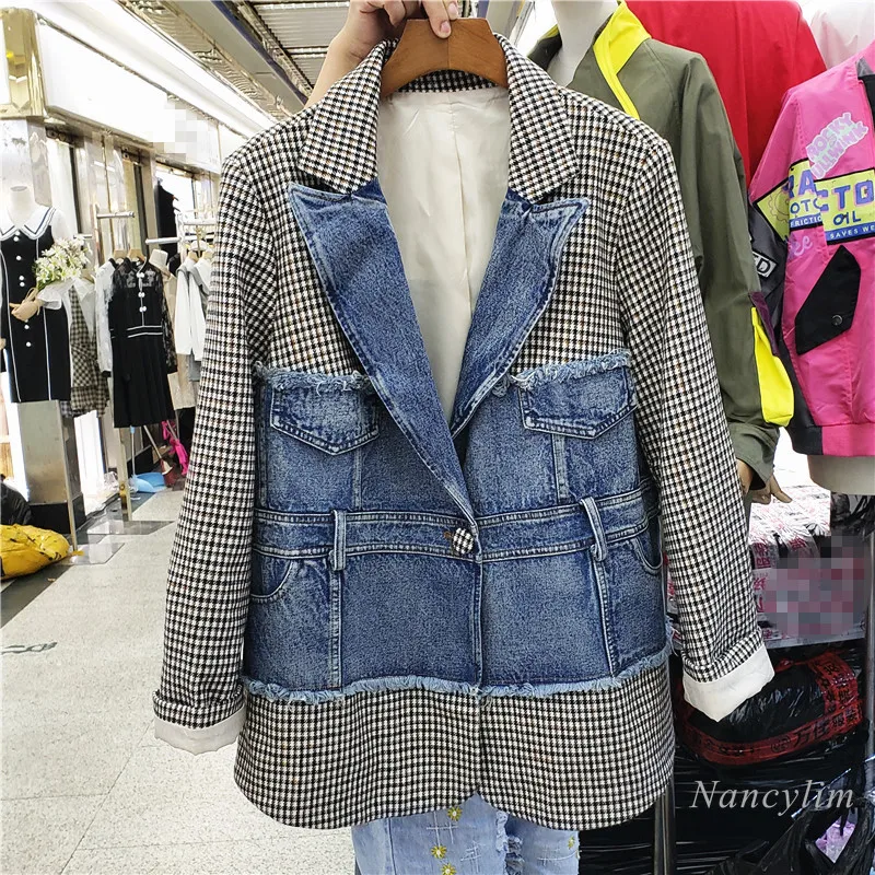 

Jeans Patch Lattice Blazer Coat Women 2020 Autumn New Korean Fashion Loose Denim Stitching Plaid Suit Jacket Female Coats