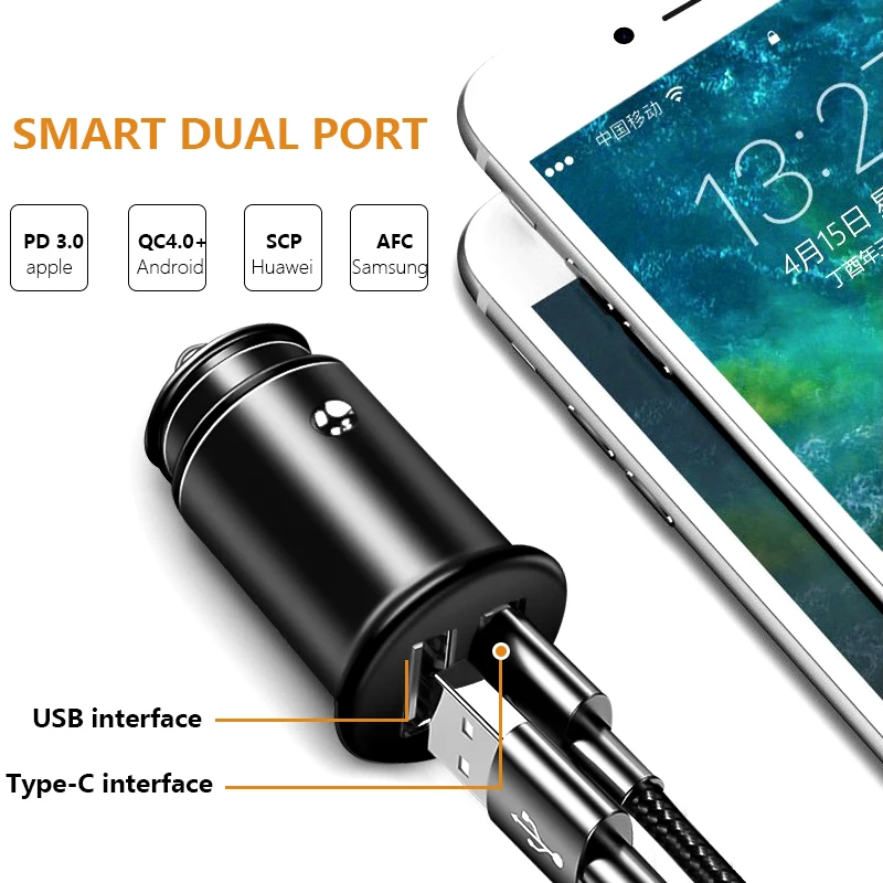 Быстрая зарядка QC3.0 автомобиля Зарядное устройство USB с Тип C PD 5 V/5A быстро Зарядное устройство для iOS и Android