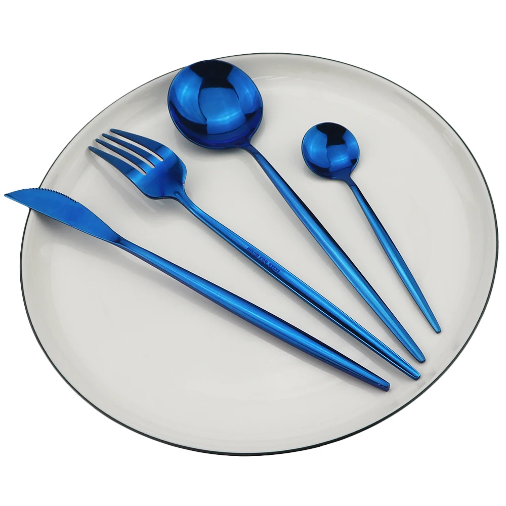 Серебристый цвет, набор столовых приборов 18/10 нержавеющая сталь набор посуды нож Десертная Вилка чайная обеденная ложка набор кухонной посуды набор серебряных изделий - Цвет: 4Pcs Blue