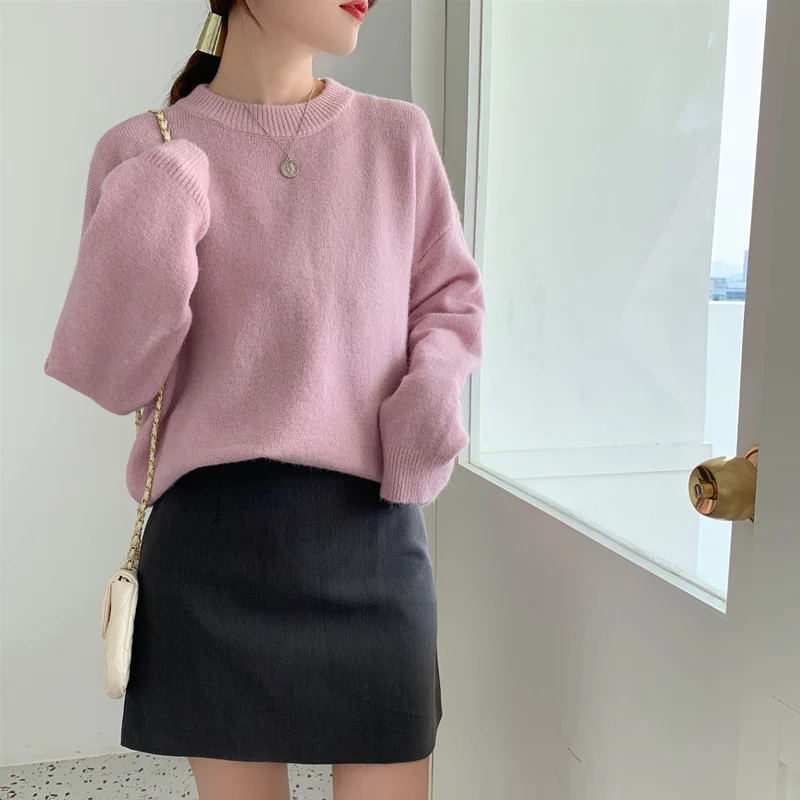 HziriP, стильные офисные женские короткие пуловеры, винтажные шикарные универсальные милые осенние однотонные свободные вязаные свитера с круглым вырезом