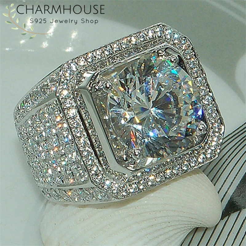 Charmhouse чистый 925 серебряных колец для мужчин циркония большой площади обручальное кольцо bague Homme Anillo мужские ювелирные изделия обручение Bijoux