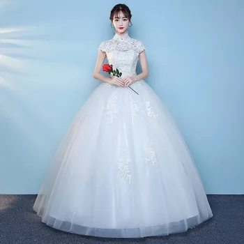 

New Vintage High Neck Short Sleeve Wedding Dress Beautiful Lace Applique Slim Sweep Train Bridal Ball Gown Vestido De Noiva