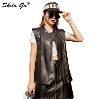 

Genuine Leather Vest Highstreet Mock Neck Zip Sleeveless Sheepskin Vests Women Casual Office Lady Minimalist Zip Outwear Female