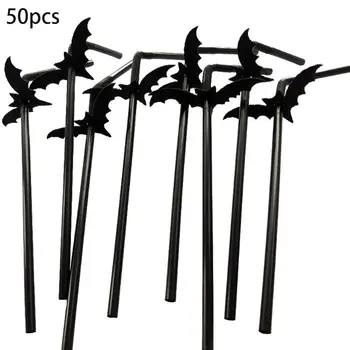 

50 Pcs Plastic Halloween Horror Bat Paper Drinking Straw Halloween Party Decor Straws Photo Props Set horrifying Straw joke tool