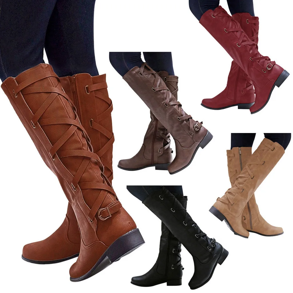 Новые женские сапоги; зимние высокие сапоги до колена с перекрестными ремешками; Теплая обувь в ковбойском стиле; Модные женские кожаные сапоги