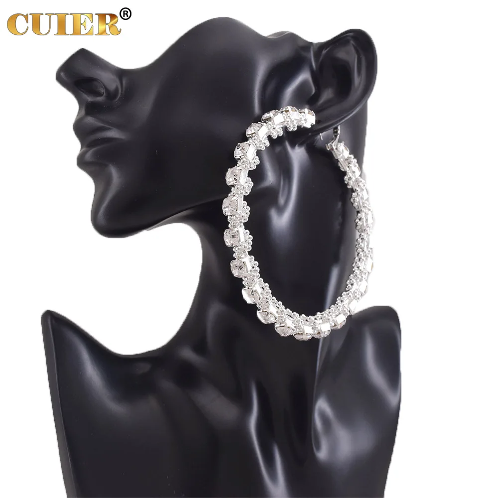 

CUIER 8.5CM Huge Hoop Earring for Women Bead Chain Rhinestone winding Female Earrings Gift for Girls Big size Jewelry