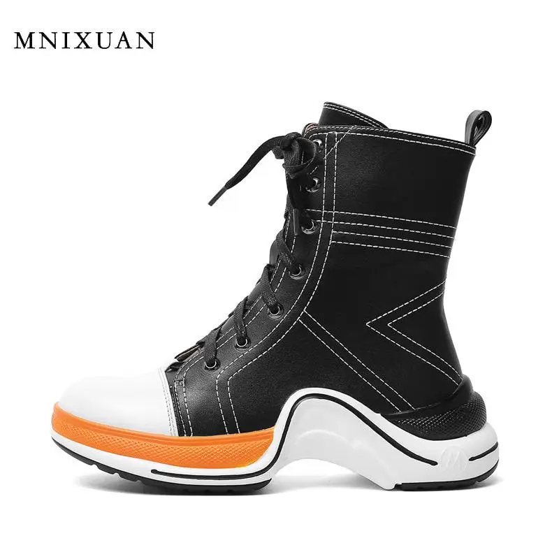 MNIXUAN/ботинки на платформе; ботильоны в готическом стиле; Новинка года; высокие кеды с круглым носком; черные ботинки на платформе со шнуровкой; женская обувь