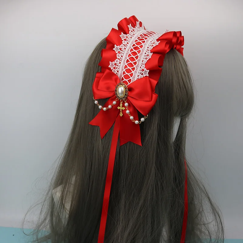 Мягкие японские игрушки Лолита убор для головы с кружевами сладкий дикий kc повязка на голову боковой зажим, аксессуар для волос ручной работы головной убор - Цвет: Dark Red