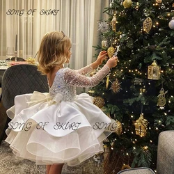 Pure White Organza Wedding Flower Girl Dress Organza Sequin Puffy Mini Birthday Long-sleeved Backless Children's Costume