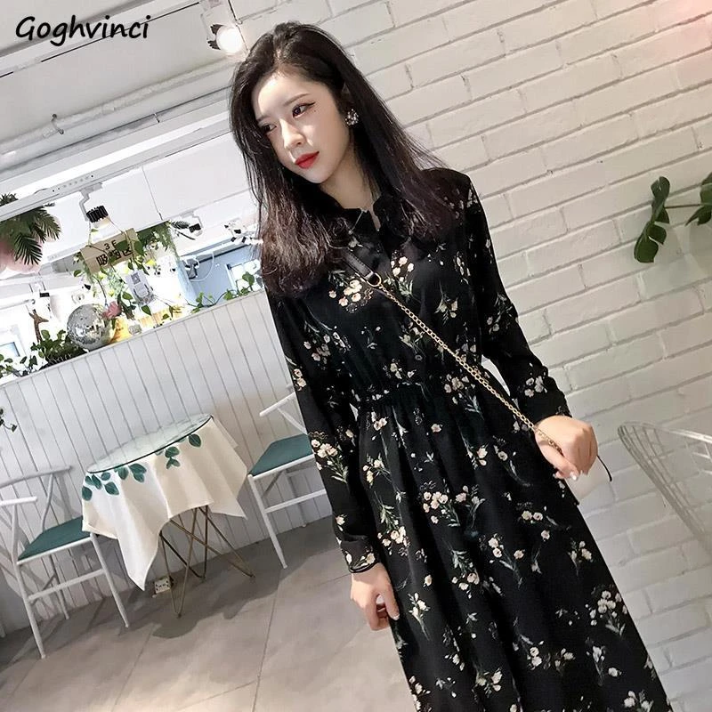 Long Sleeve Dress Women Floral-printed Chiffon Elegant Black Korean Style Leisure Slender Chic Student Streetwear Womens Vestido t shirt dress