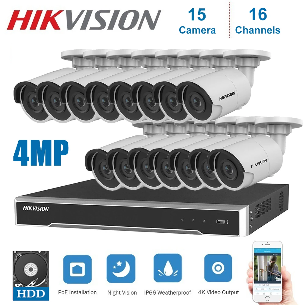 4K сети Hikvision 16 каналов POE NVR видеонаблюдения с 4MP IP камера безопасности ночное видение Открытый CCTV системы наборы