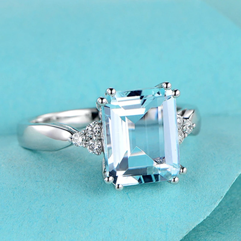 

925 Sterling Silver Trendy Simple Temperament Natural Sea Blue Treasure Hand-inlaid Crystal Granular Ring Women's Hand Jewelry