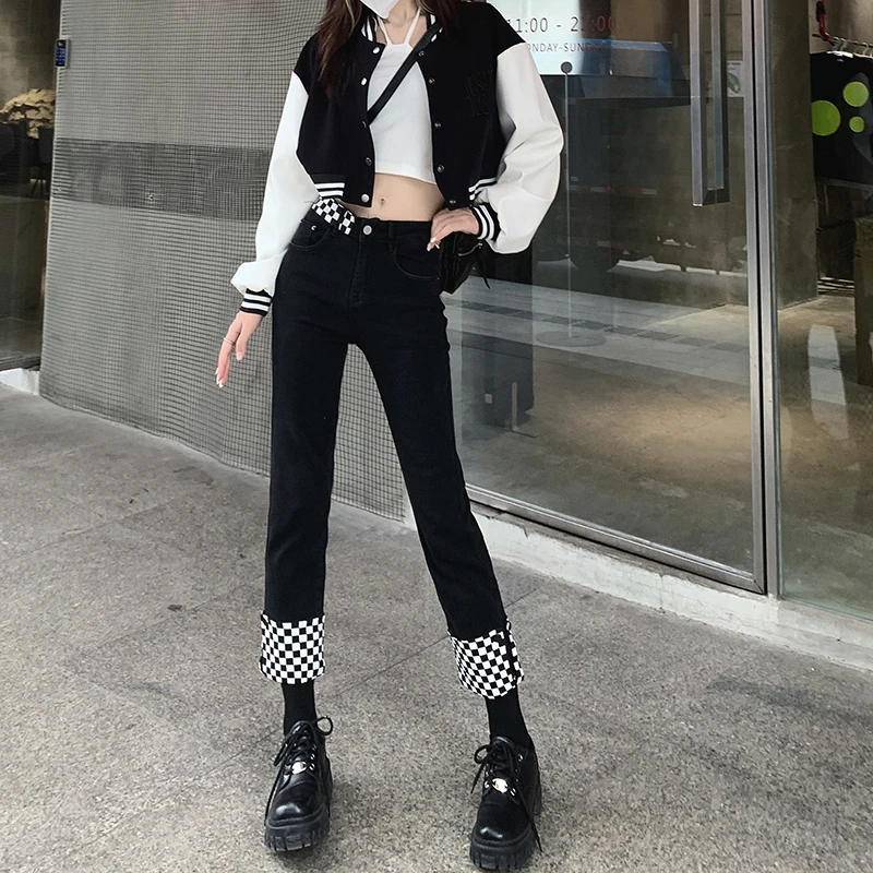 Women Spring High Waist Jeans Mujer Y2K Harajuku Plaid Printed Pencil Pants Fashion Office Lady Skinny Denim Trousers P426 high waisted jeans