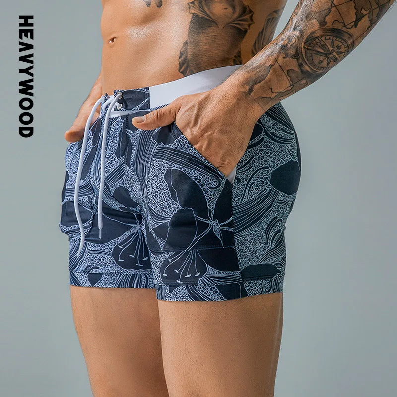 Heavywood Summer Men's Beach Swimming Trunks Drawstring Elastic Waist Swimsuit Shorts Man Plus Size Quick Drying Swimwear Shorts