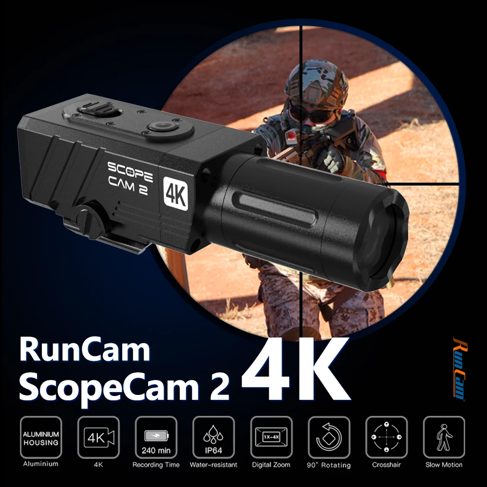 RunCam-Cámara de alcance 2 4K Airsoft, Zoom Digital, puntos personalizados, IP64, impermeable, aplicación de caza de Paintball, 1400mAh, 128G