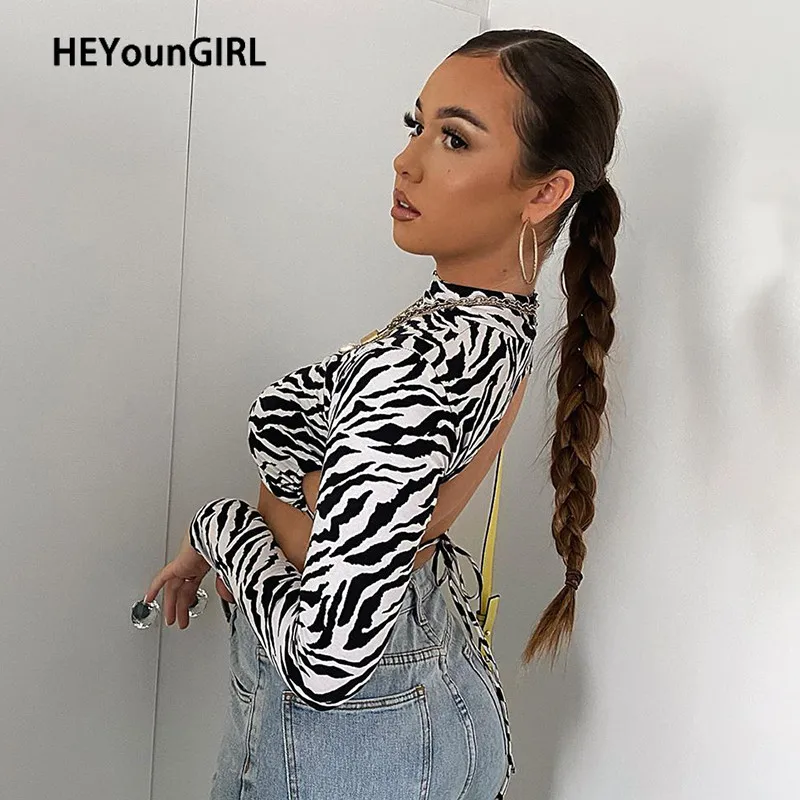 Женская укороченная футболка HEYounGIRL с принтом зебры и открытой спиной