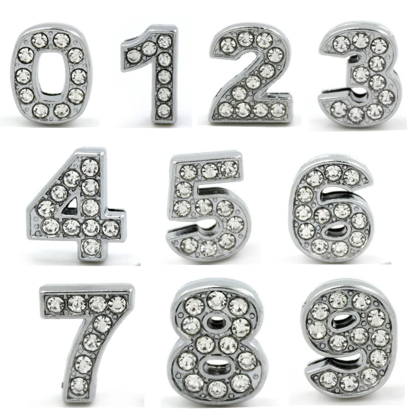 

DIY Jewelry 0-9 Arabic Numerals Slide Charms Rhinestone Number Slider For 8mm Width Leather Mesh Bracelet Keychain Phone Strap