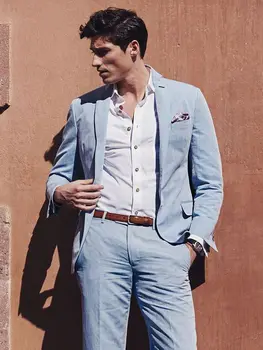

2020 sky blue linen men suit notched lapel suit for summer beach wedding prom casual loose tailor made suit blazer jacket+pants