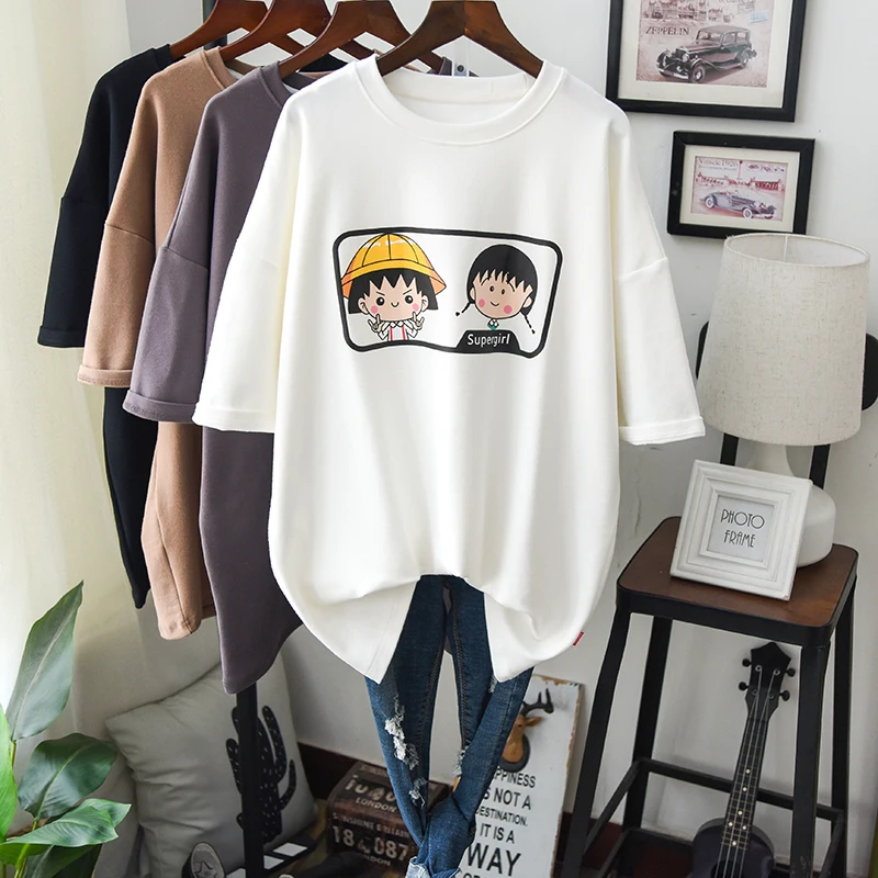 2022 Spring Kawaii Women's Cotton T Shirt Cartoon Patterns Thick Warm Casual Pullover Hoodie Stylish Loose Comfortable Tees