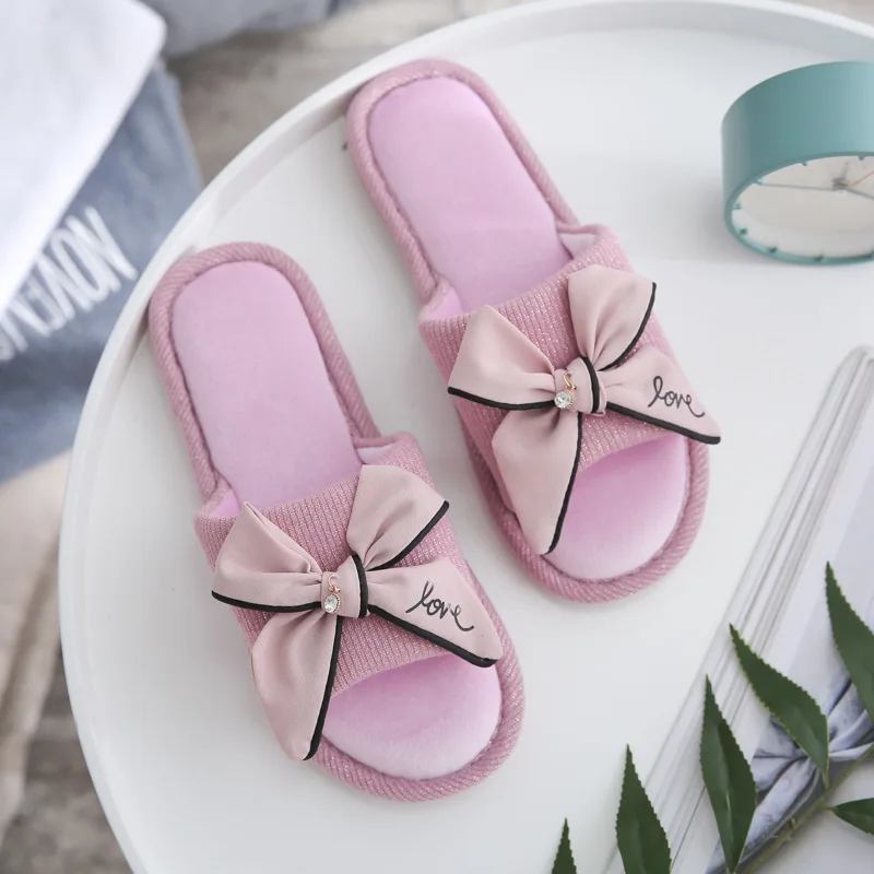 Высокое качество Детские Женские тапочки в виде банта; украшение с горным хрусталем, домашняя обувь для отдыха в ночном клубе, удобные нескользящие домашние тапочки - Цвет: Pink