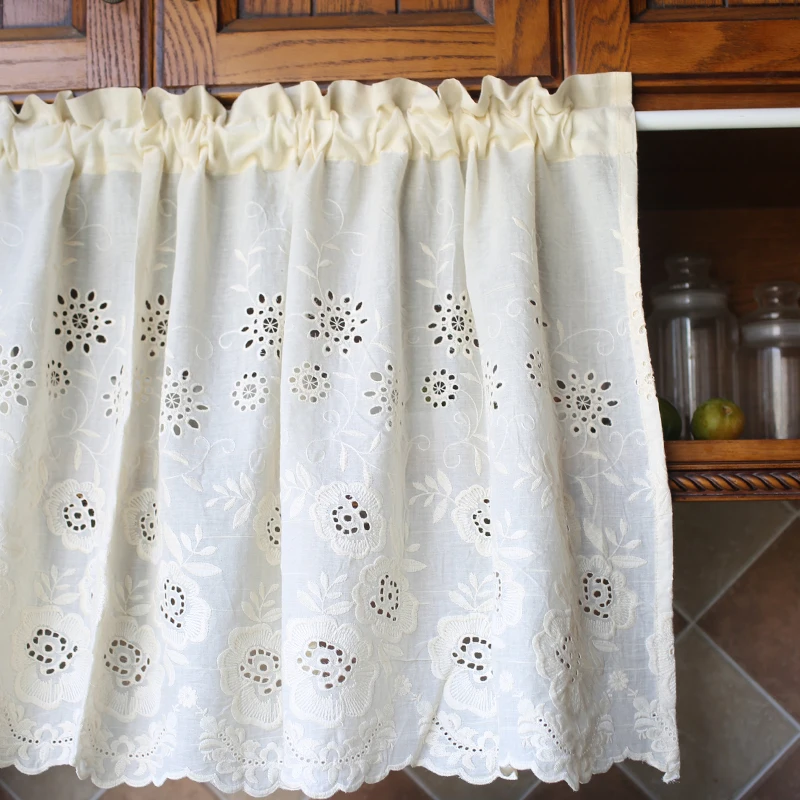 Plain cotton embroidered curtain kitchen half curtain short partition cabinet curtain semi shading cloth tube curtain 2