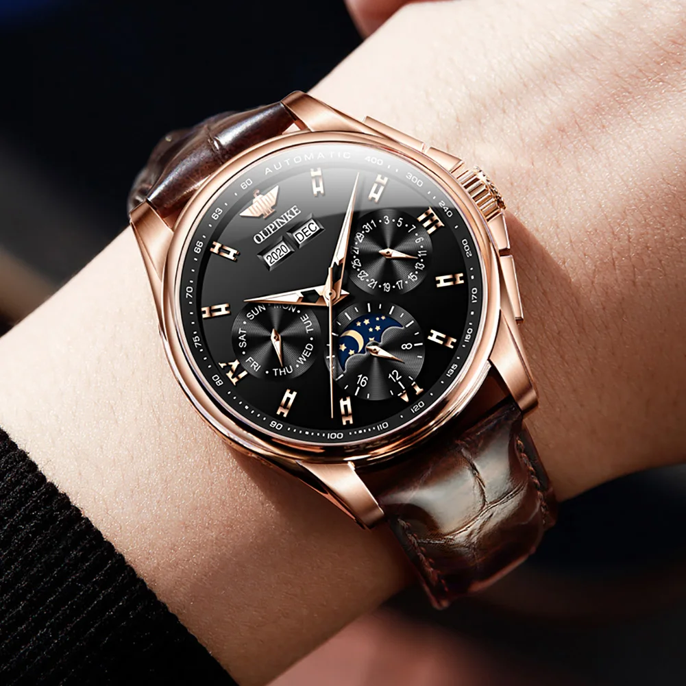 OUPINKE Men's Classic Automatic Mechanical Watch Waterproof Leather Strap Automatic Movement High Quality Watches