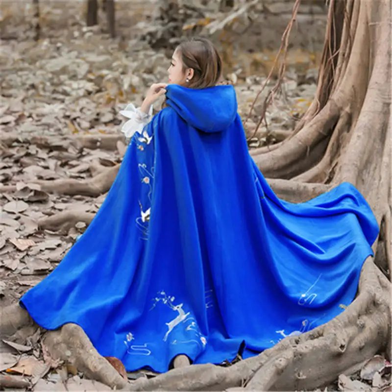 Мода размера плюс Весна Осень Женский Плащ шаль Пальто Повседневное с капюшоном Вышивка Hanfu кардиган Тренч пальто A1288 - Цвет: deep blue