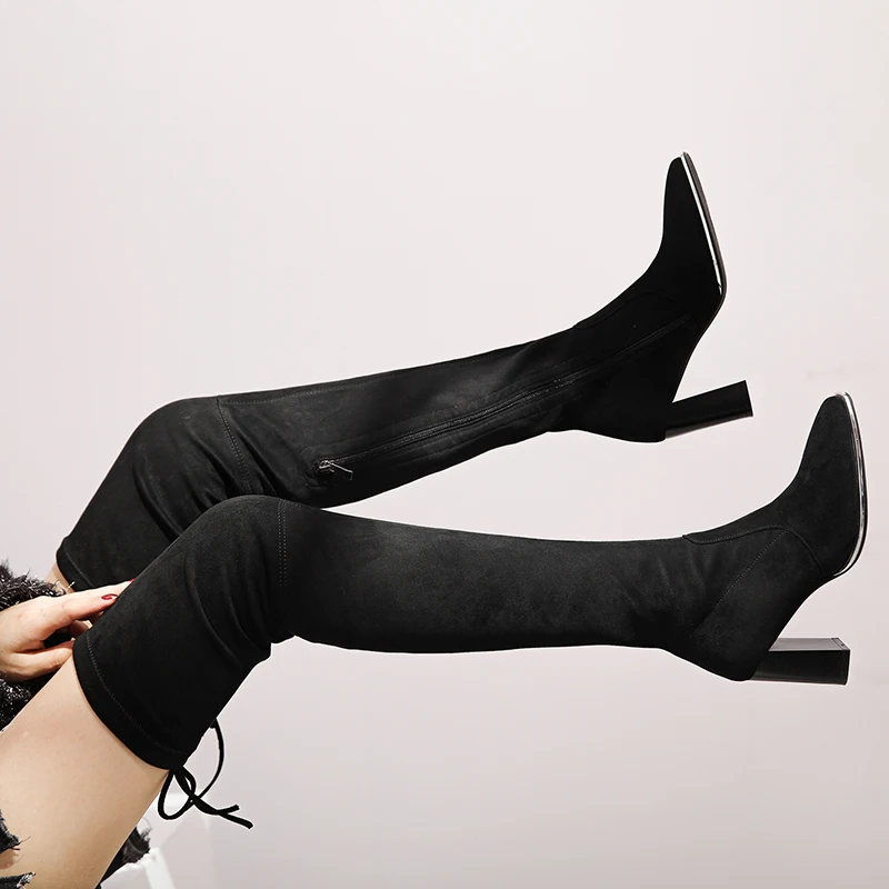 ISNOM/Сапоги выше колена; женские эластичные замшевые сапоги; женская обувь на высоком каблуке; женская модная обувь с квадратным носком; женская зимняя обувь;