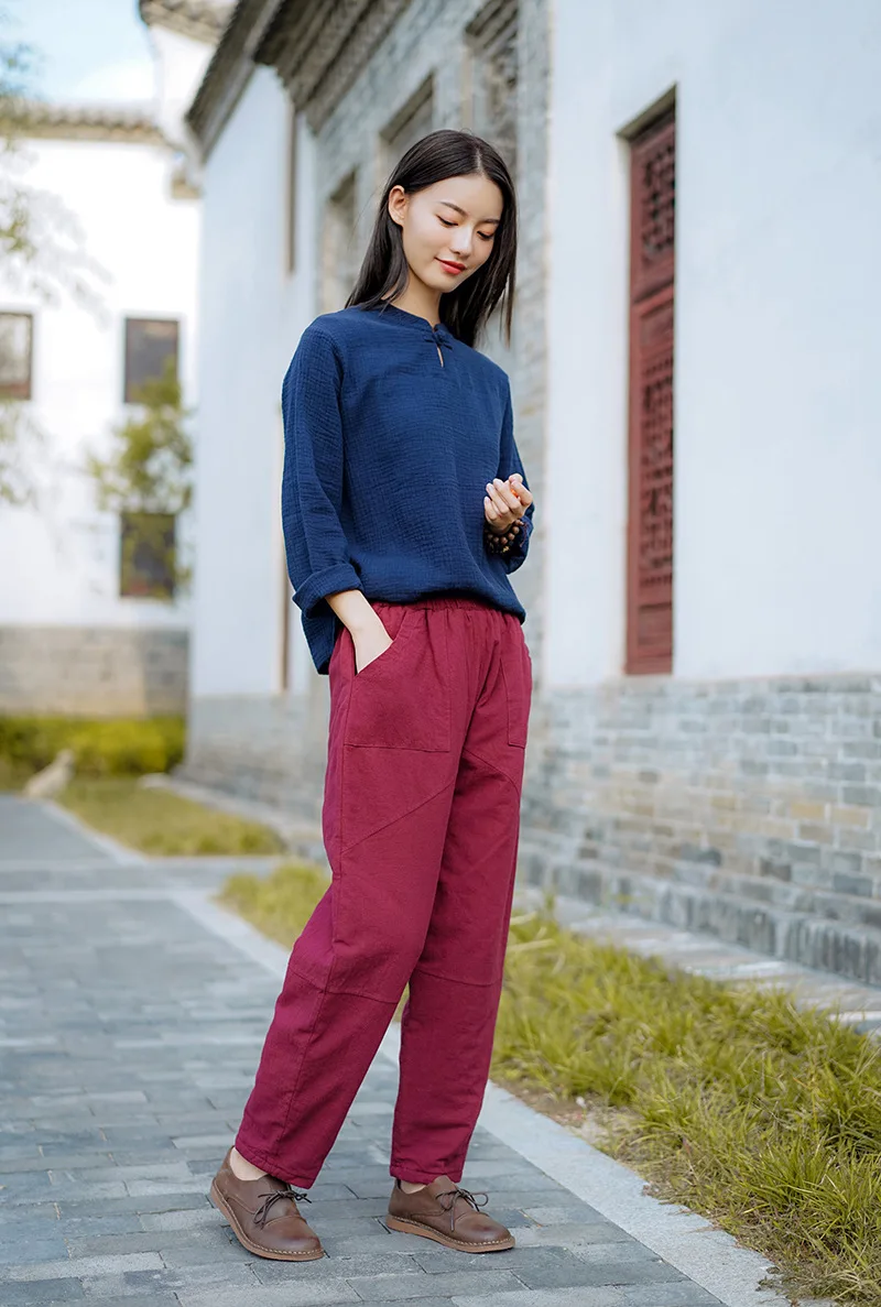 Women Autumn Winter Patchwork Elastic Waist Pants Ladies Vintage Spliced Retro Pants Female Cotton Linen Trousers