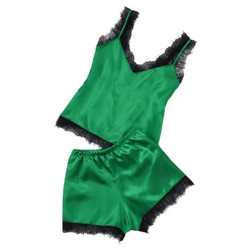 

Lace Stitching Bedroom Spaghetti Strap Pajama Set Solid Top Shorts Casual Women Sleepwear Elastic Waist Loose Soft Charming