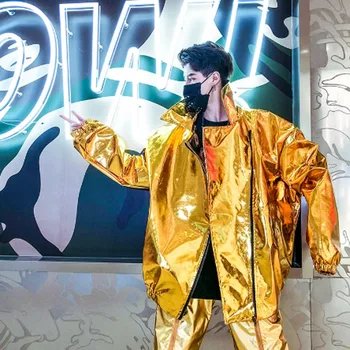 

Spring autumn men street hip hop punk rock shiny jacket oversized coat nightclub DJ singer stage costume gold silver color