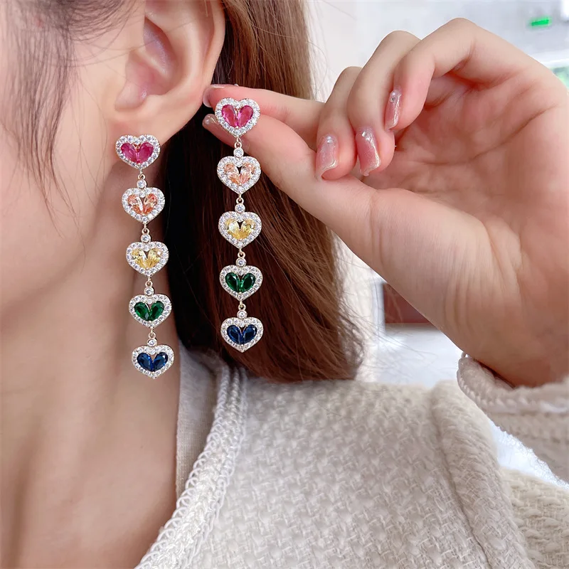Long Temperament Heart Pendant Earrings for Women Colorful Cubic Zirconia Luxury Wedding Party Dangle Earings Design Jewelry
