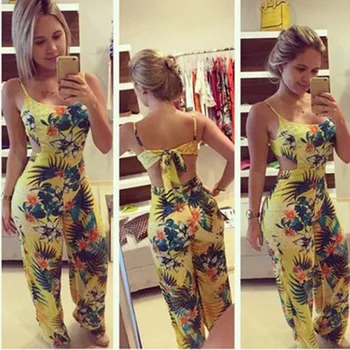 

2020 Printed Jumpsuit Women Flower Sexy Backless Full Length Jumpsuit Ladies Summer Coveralls Nightclub Wear Jumpsuits
