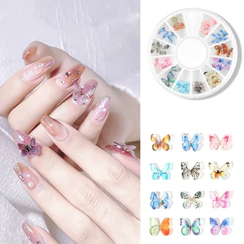 Tanie 24 Sztuk/pudło Manicure 3D Akrylowe Motyl Biżuteria Akcesoria Do Paznokci Trójwymiarowe Mini Zdobienie Paznokci Dekoracje W Kole
