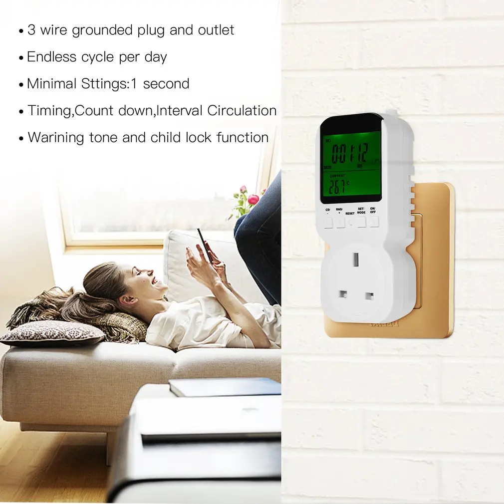 Multi-function LCD Display Thermostat Timer Switch Socket with Sensor Probe Digital Clock Adjustable 12/24 Hour Energy-saving