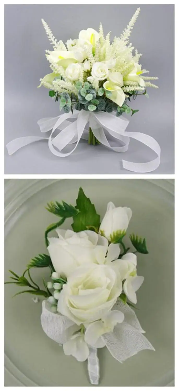 White -Corsage5 Свадебный букет для подружек невесты белые розовые шелковые розы свадебные мужские бутоньерки цветы Свадебные букеты Свадебные украшения для дома - Цвет: White -Corsage5