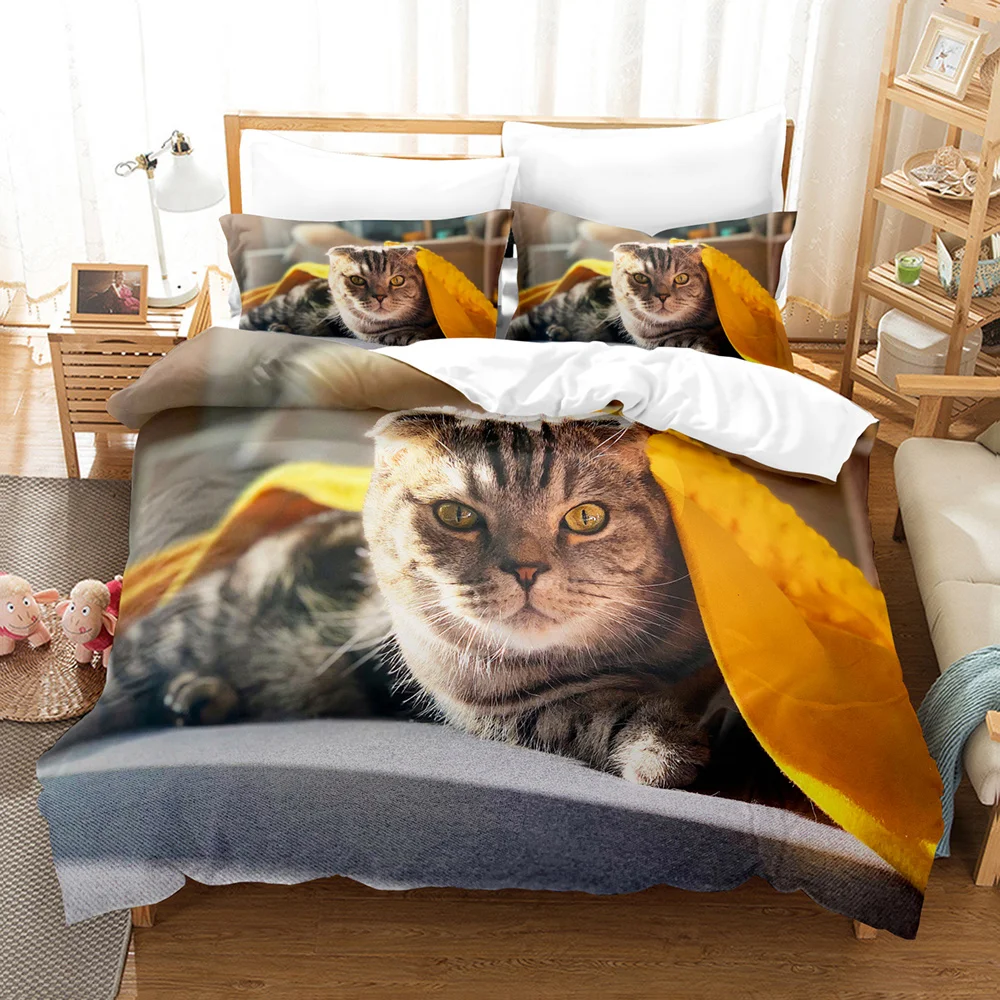 3D Cat Bedding Set Scottish Fold Lovely Cats Printed Comforter Duvet Cover Queen King Single Size Home Textile Bedroom Decor