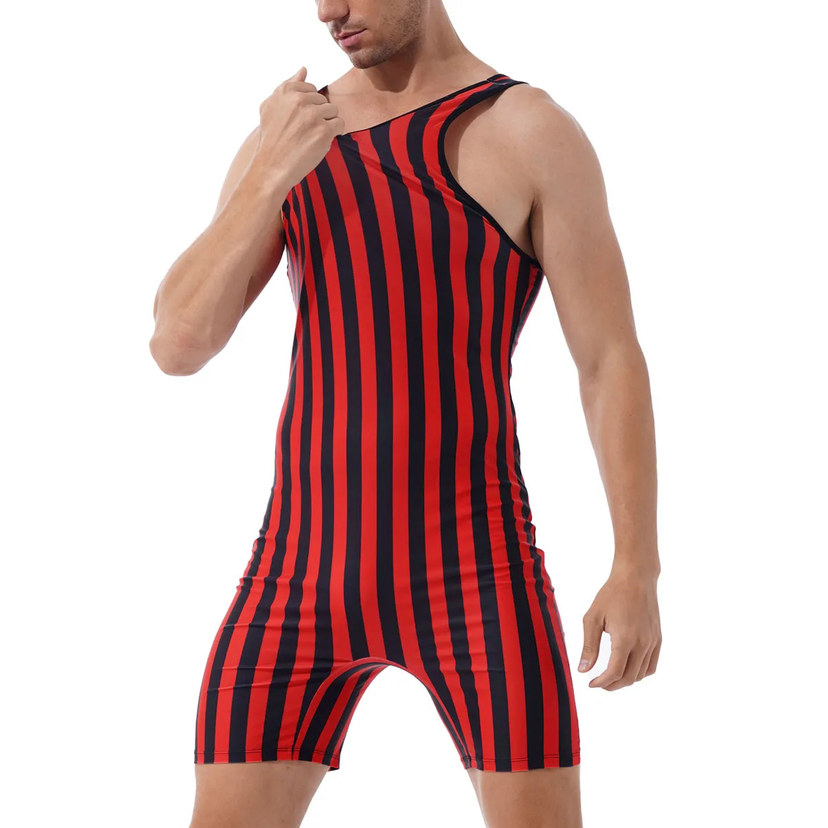 Mens Striped Wrestling Singlet Bodysuit High Elastic One-piece Weight Lifting Stretchy Leotard Athletic Fitness Shorty Jumpsuit
