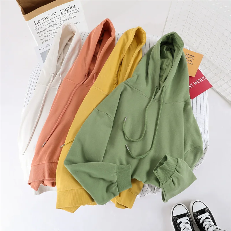 Свободный карамельный цвет Толстовка Femme Drawstring с капюшоном спортивный костюм сплошной женский с длинным рукавом Осенняя Толстовка Осенняя верхняя одежда Горячая