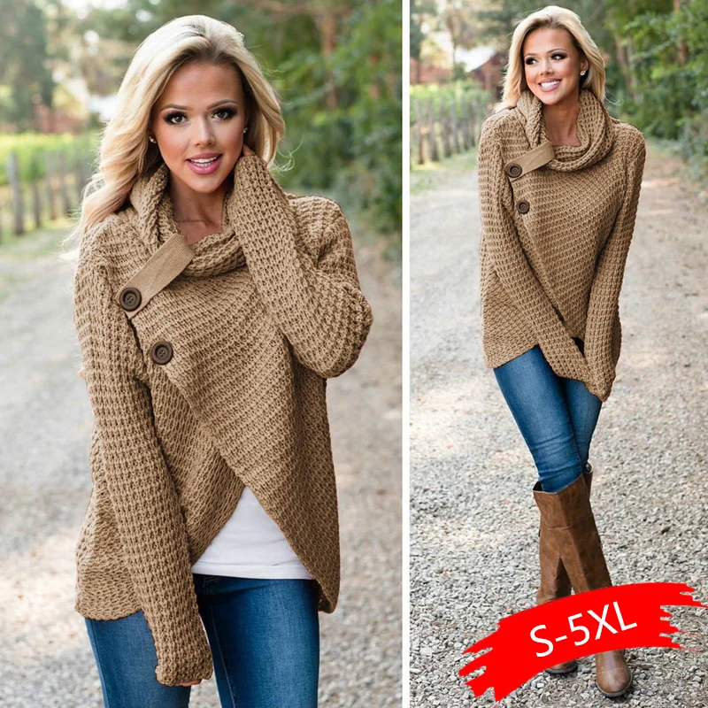 

Casual Turtleneck Spring Winter Warm Sweater Women Button Fork Sweaters Solid Pullover Turtleneck Sweater Pullovers Femme Tops