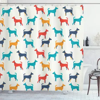 

Grey Red Dog Shower Curtain Contemporary Colorful Illustration Dog Contours Retro Style Print Bathroom Curtain