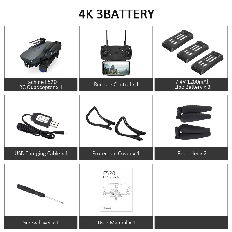 Eachine E520 wifi FPV с 4 K/1080 P HD широкоугольная камера Режим высокой фиксации складной Радиоуправляемый Дрон Квадрокоптер RTF Радиоуправляемый Дрон - Цвет: 4K 3Battery